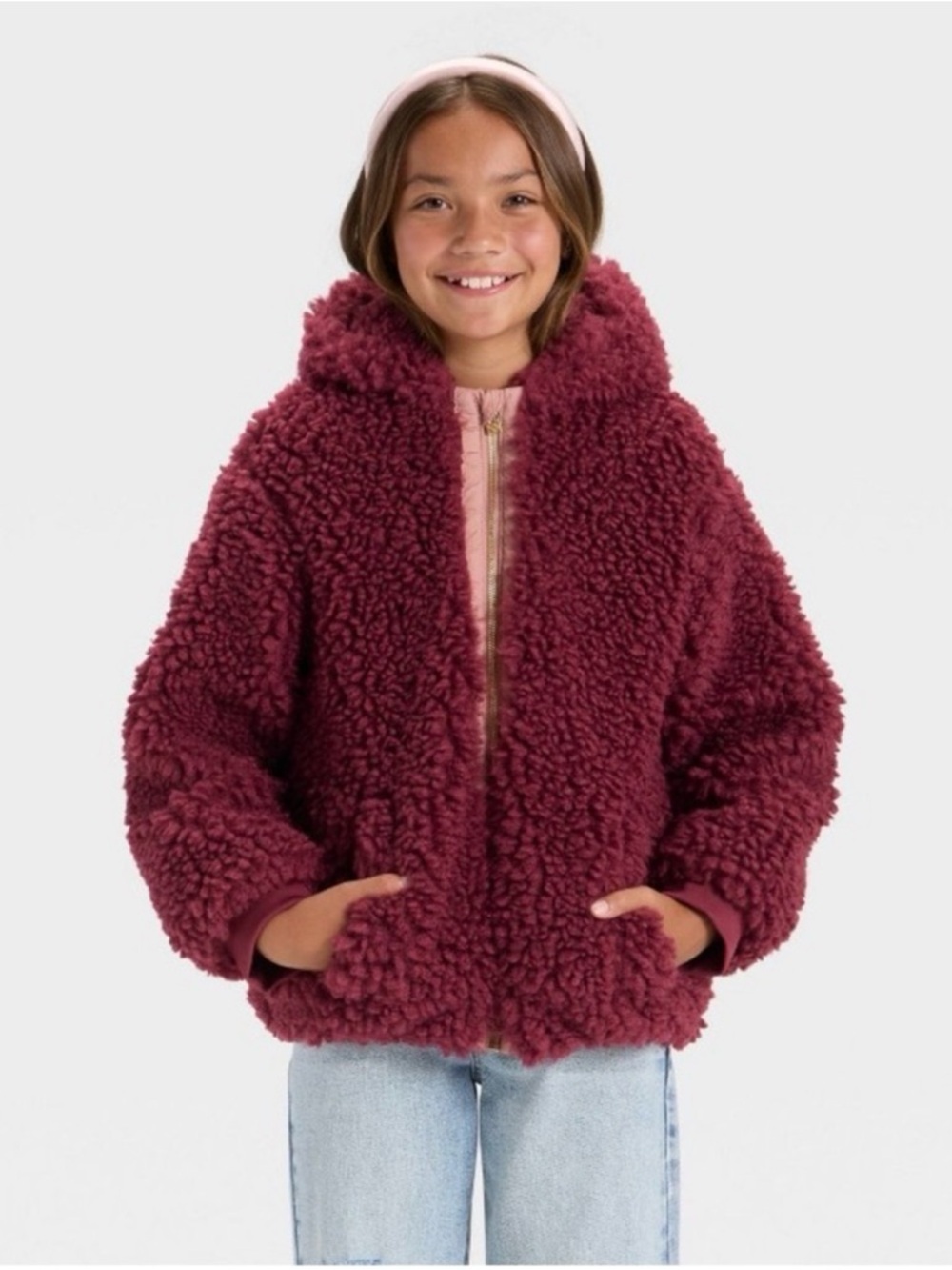 Girls' Cozy Sherpa Hooded Jacket - Burgundy